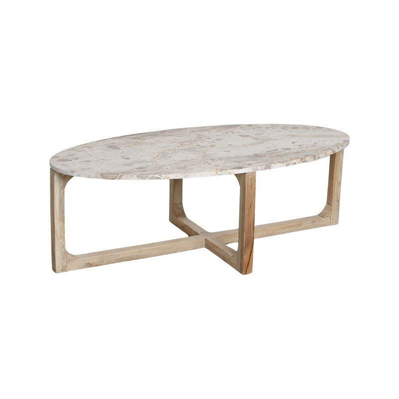 Couchtisch Ovalis Marble Cream mit ovaler Marmorplatte und Holzgestell aus der STUFF Loft Kollektion