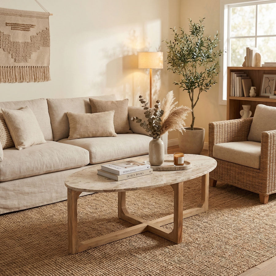 Couchtisch Ovalis Marble Cream mit ovaler Marmorplatte und Holzgestell aus der STUFF Loft Kollektion