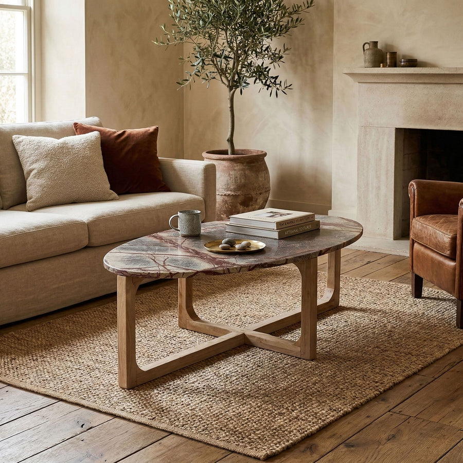 Couchtisch Ovalis Marble Brown mit ovaler Marmorplatte und Holzgestell aus der STUFF Loft Kollektion