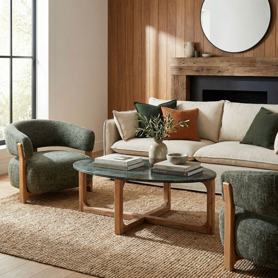 Couchtisch Ovalis Marble Green mit ovaler grüner Marmorplatte und Holzgestell aus der STUFF Loft Kollektion