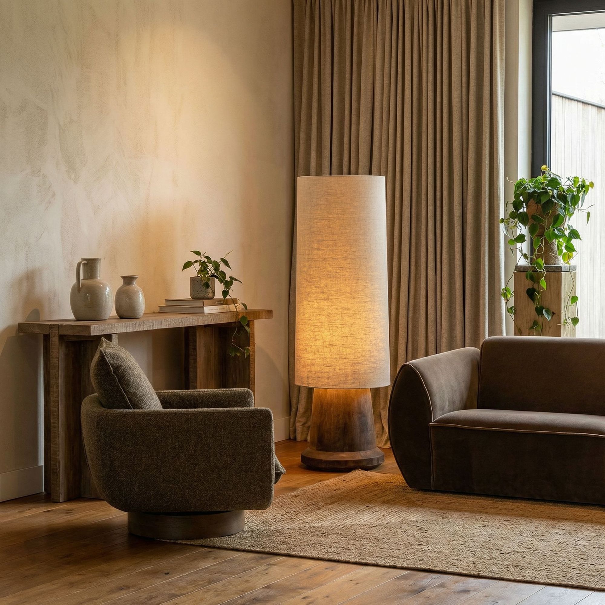Stehlampe Beckley aus Mangoholz mit Stoffschirm für warmes Wohnlicht | Gommaire bei STUFF Shop kaufen