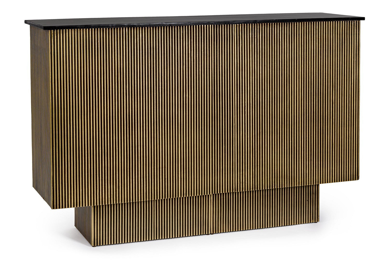 Barschrank Virat von Bizzotto in antiker Messingoptik mit Deckplatte aus massivem Mangoholz, B 160 x T 40 x H 100 cm, im STUFF Shop