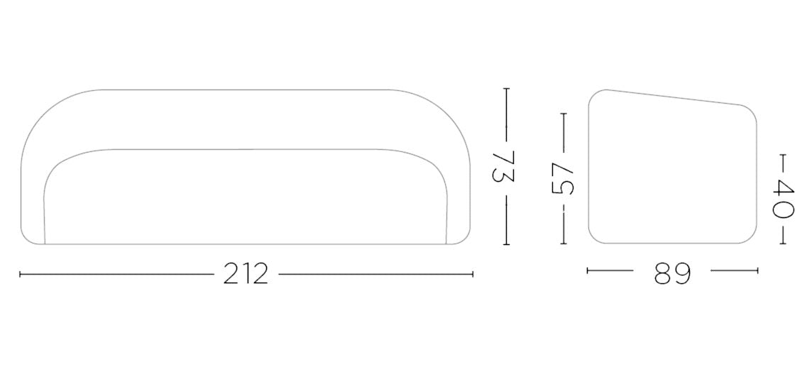 Maßzeichnung Sofa Damian 3-Sitzer von Gommaire mit Breite 212 cm, Tiefe 89 cm, Höhe 73 cm, Sitzhöhe 40 cm und Sitztiefe 57 cm
