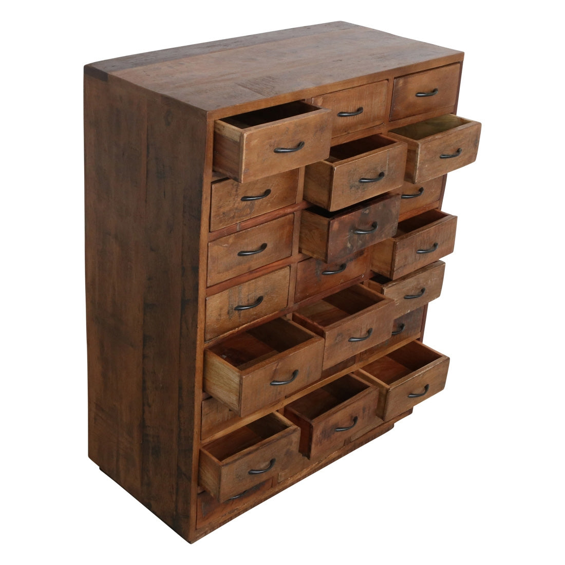 Kommode Heritage mit 24 Schubladen aus recyceltem Holz mit dunkler Patina und Metallgriffen im Vintage-Stil