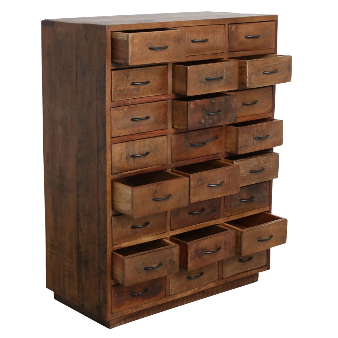 Kommode Heritage mit 24 Schubladen aus recyceltem Holz mit dunkler Patina und Metallgriffen im Vintage-Stil