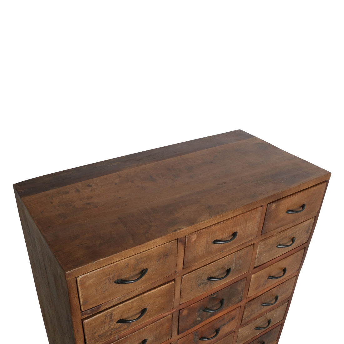 Kommode Heritage mit 24 Schubladen aus recyceltem Holz mit dunkler Patina und Metallgriffen im Vintage-Stil