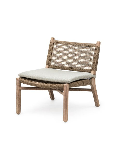 Sessel Fiona Teak aus massivem Teakholz Natural Grey mit handgeflochtener Rückenlehne aus PE Wicker Antique Weed | optional mit Sitzpolster