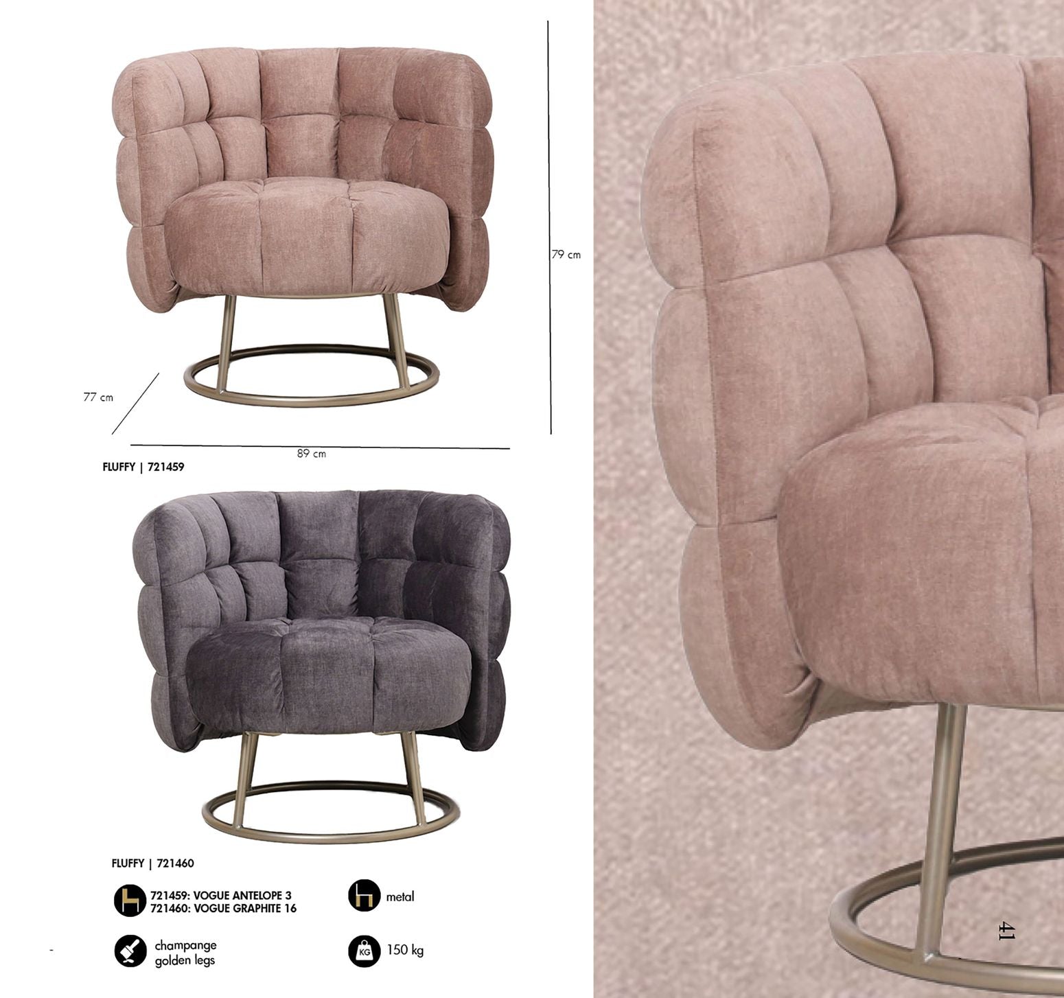 Gemütlicher Sessel Fluffy von PTMD in Pink mit weicher Polsterung und einer schicken goldfarbenen Basis für einen eleganten und bequemen Sitz.