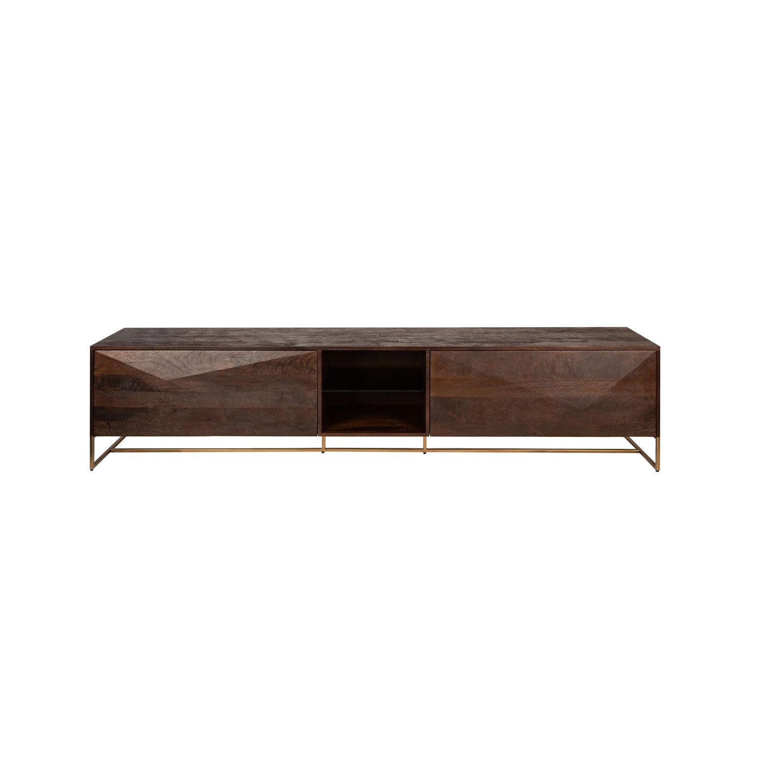 Onyx Sideboard in Braun mit geometrischen Holzmustern und goldenem Metallgestell, Frontansicht