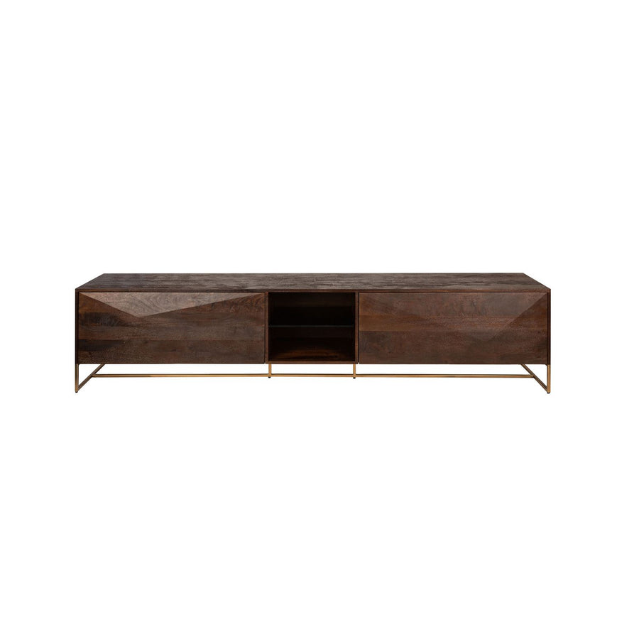 Onyx Sideboard in Braun mit geometrischen Holzmustern und goldenem Metallgestell, Frontansicht