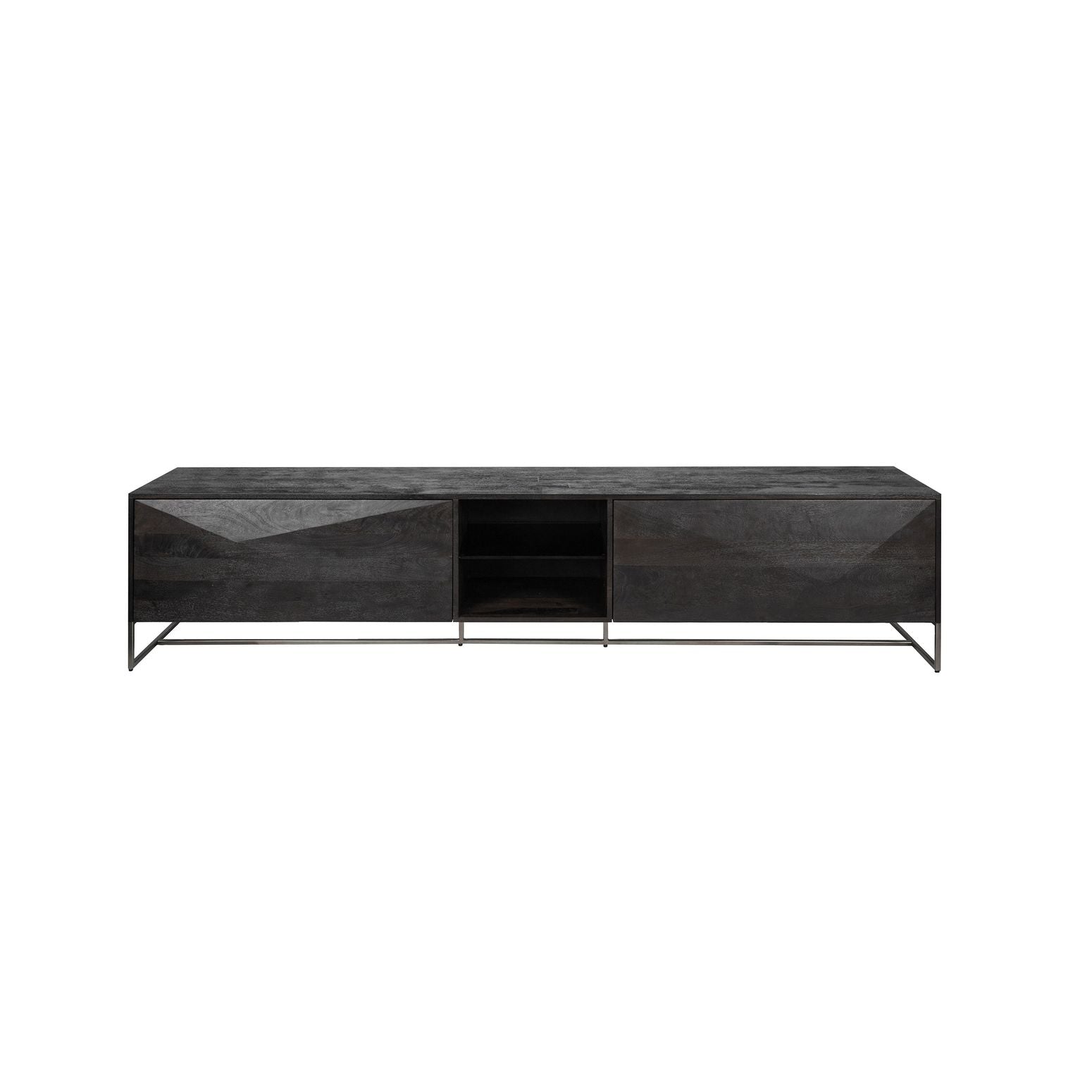 Onyx Sideboard in Schwarz mit geometrischen Holzmustern und goldenem Metallgestell, Frontansicht