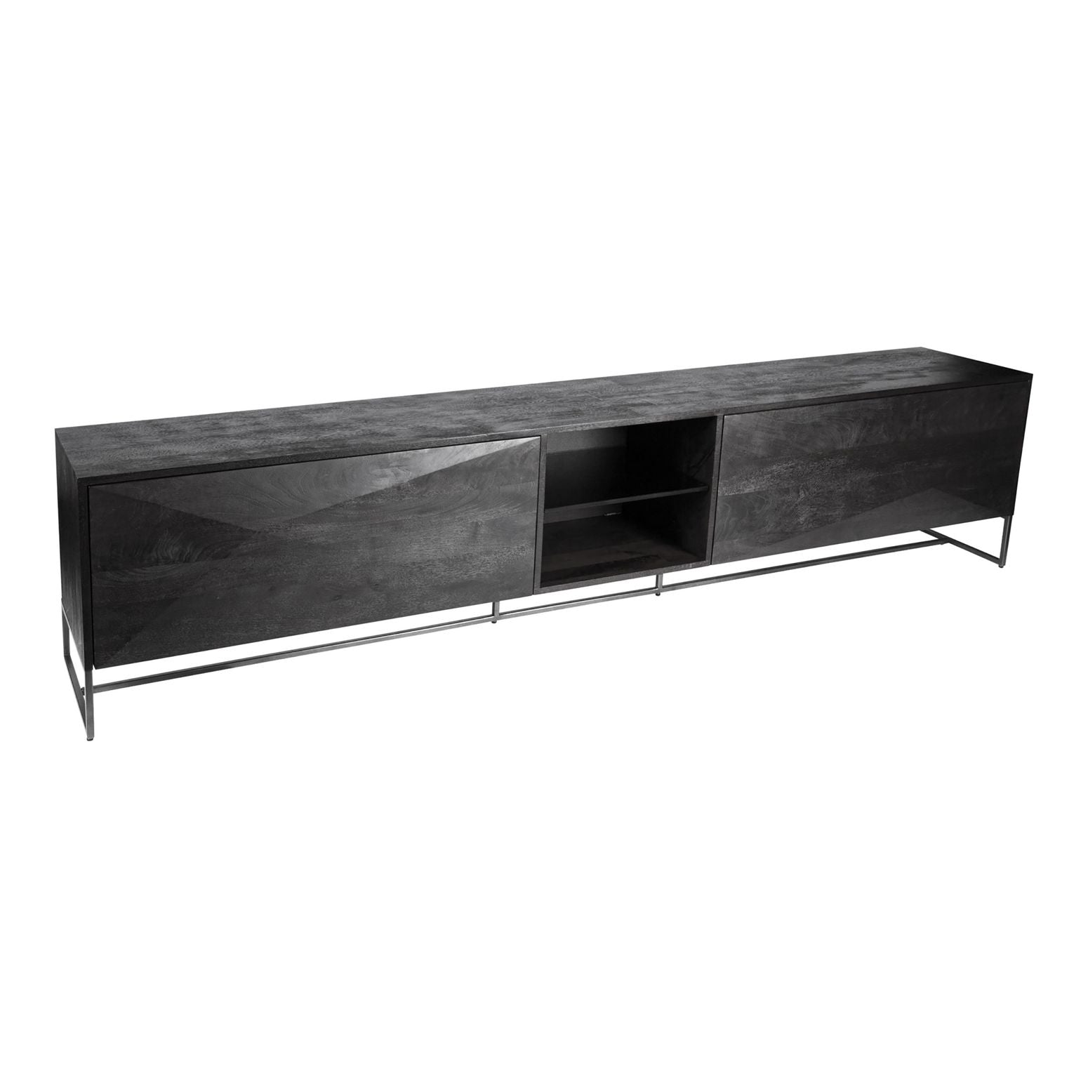 Schwarzes Onyx Medienmöbel mit goldener Metallbasis und geschlossenen Schubladen, Perspektivansicht