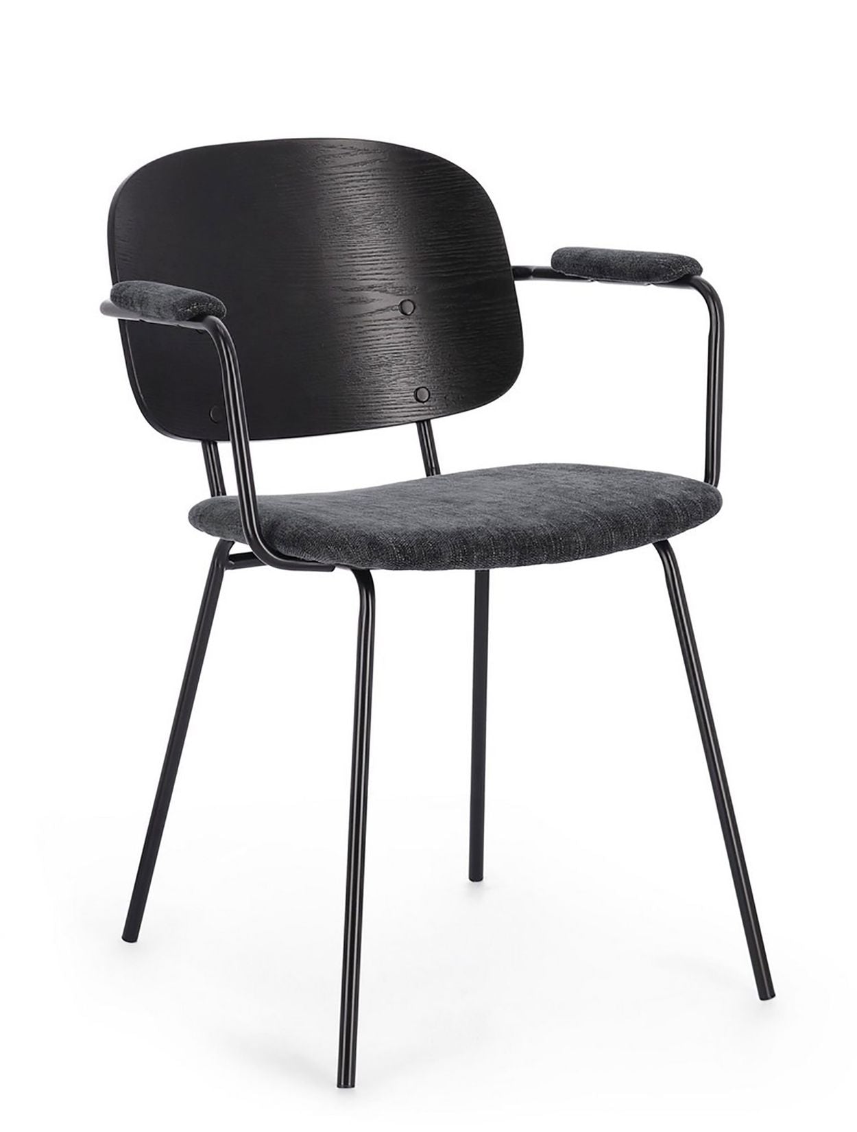 Sienna Vintage Designerstuhl in Dunkelgrau mit epoxidischer Stahlrahmen und Pappelholz-furnierter Rückenlehne