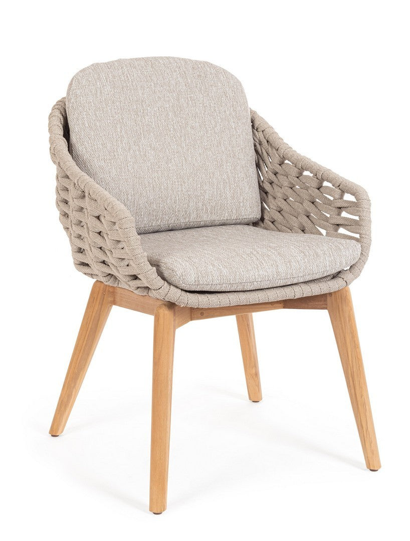 Tamires Outdoor Stuhl in Beige mit Aluminiumgestell, Teakholzbeinen und einem Geflecht aus Polypropylen-Seilen