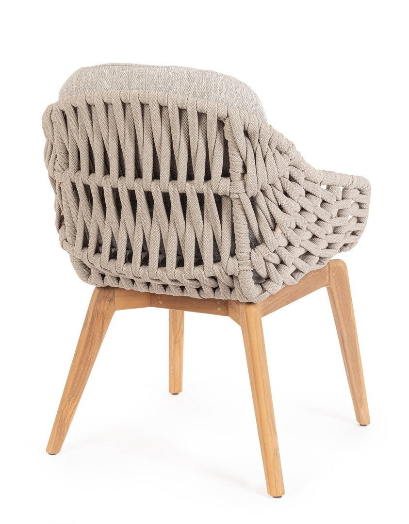 Tamires Outdoor Stuhl in Beige mit Aluminiumgestell, Teakholzbeinen und einem Geflecht aus Polypropylen-Seilen