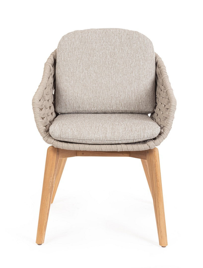 Tamires Outdoor Stuhl in Beige mit Aluminiumgestell, Teakholzbeinen und einem Geflecht aus Polypropylen-Seilen
