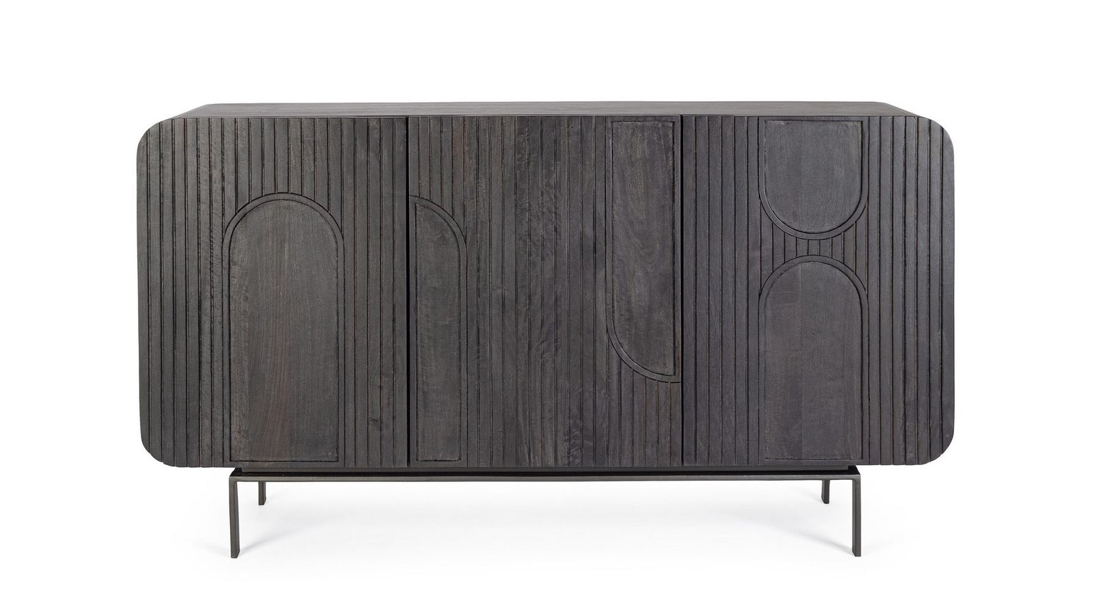 Schwarzes 3-türiges Sideboard Orissa von Bizzotto aus Mangoholz mit epoxidbeschichteten Stahlbeinen