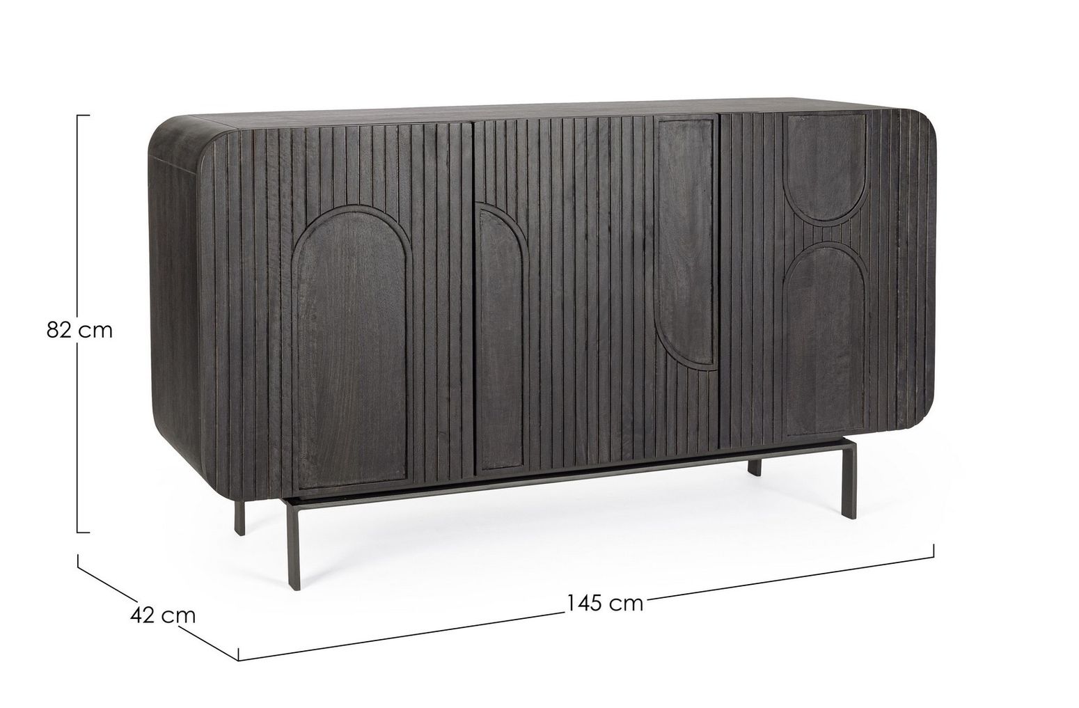 Schwarzes 3-türiges Sideboard Orissa von Bizzotto aus Mangoholz mit epoxidbeschichteten Stahlbeinen