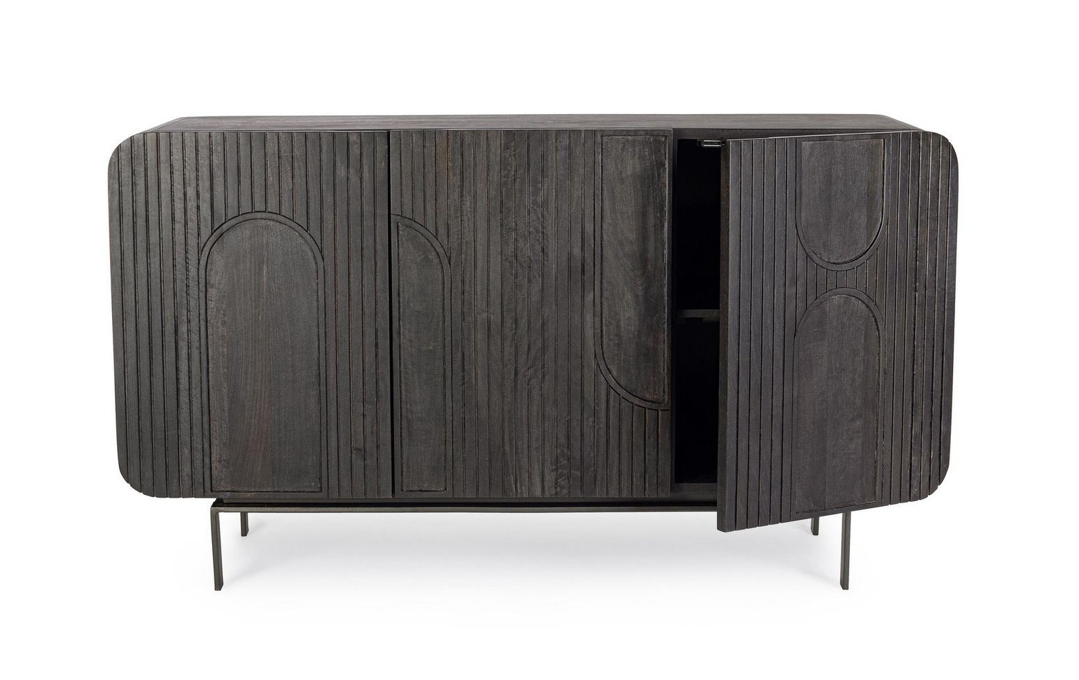 Schwarzes 3-türiges Sideboard Orissa von Bizzotto aus Mangoholz mit epoxidbeschichteten Stahlbeinen