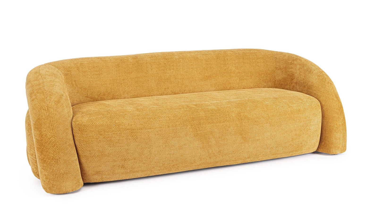 Sofa Clemence in Senf von Bizzotto, leuchtende Farbe und geschwungene Form.