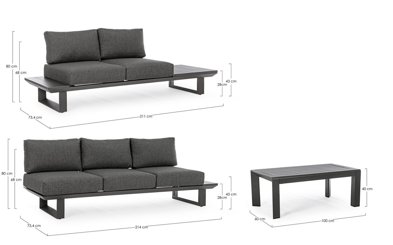 Sitzgruppe KONNOR M-K ANTHR von Bizzotto – stilvolle Outdoor-Lounge mit anthrazitfarbenen Kissen und pulverbeschichtetem Aluminiumgestell.