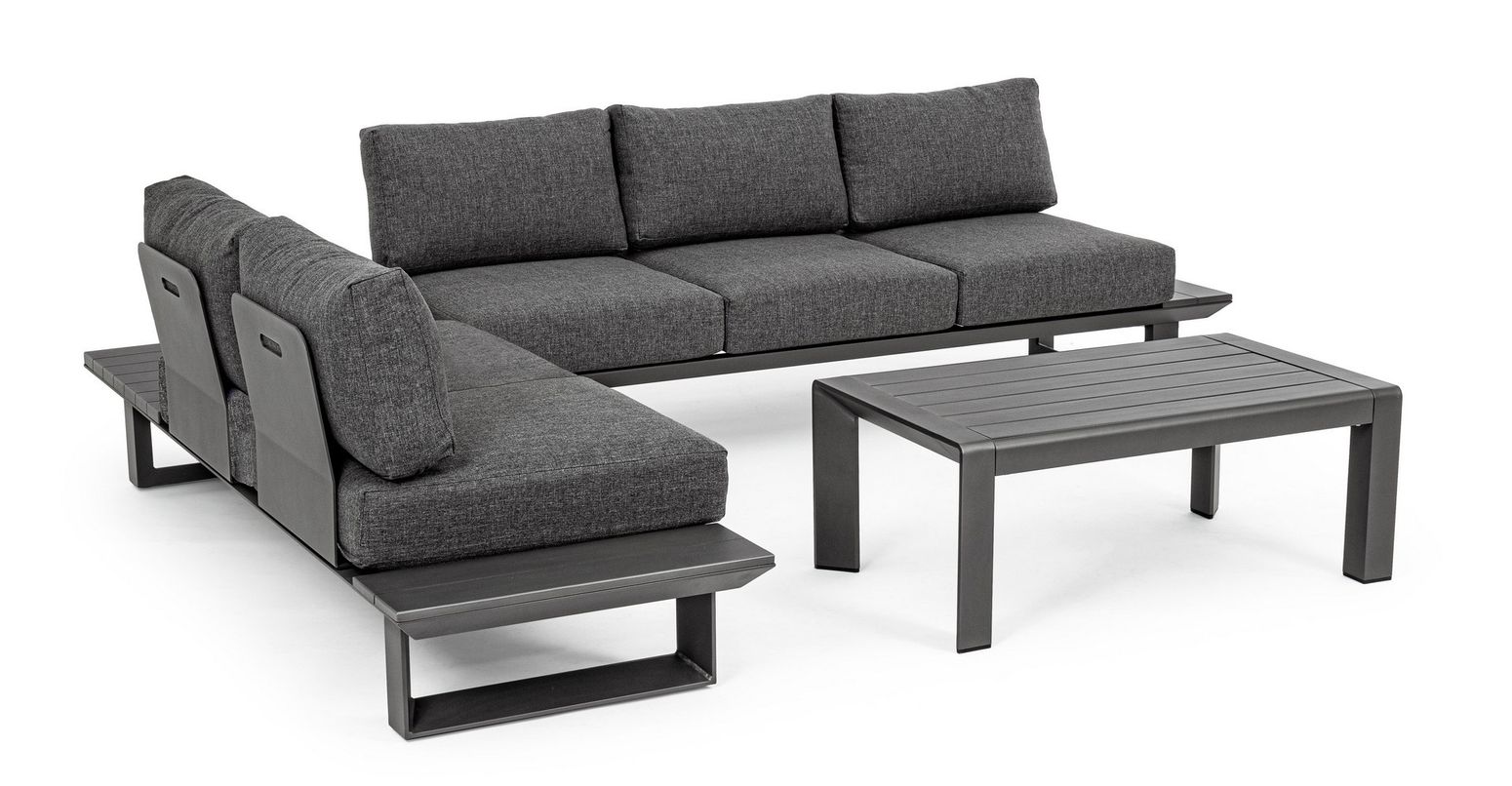 Sitzgruppe KONNOR M-K ANTHR von Bizzotto – stilvolle Outdoor-Lounge mit anthrazitfarbenen Kissen und pulverbeschichtetem Aluminiumgestell.