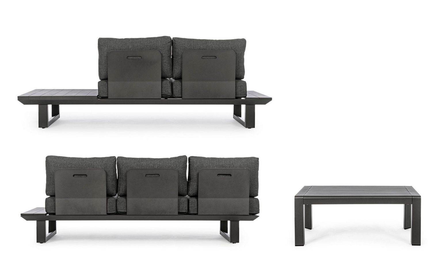 Sitzgruppe KONNOR M-K ANTHR von Bizzotto – stilvolle Outdoor-Lounge mit anthrazitfarbenen Kissen und pulverbeschichtetem Aluminiumgestell.