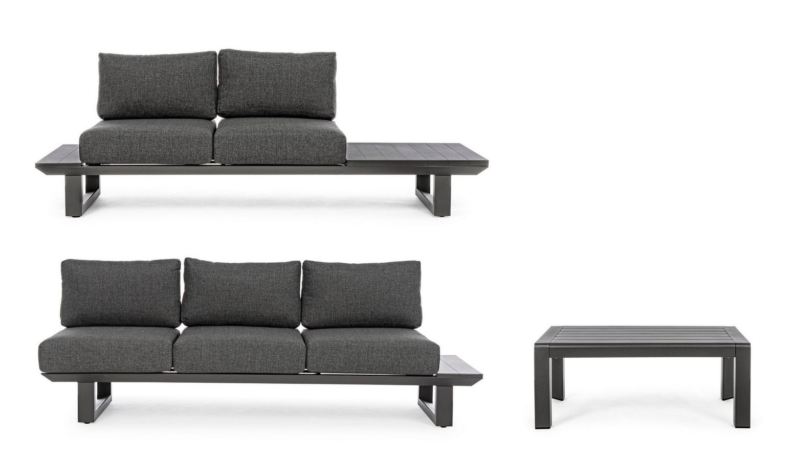 Sitzgruppe KONNOR M-K ANTHR von Bizzotto – stilvolle Outdoor-Lounge mit anthrazitfarbenen Kissen und pulverbeschichtetem Aluminiumgestell.