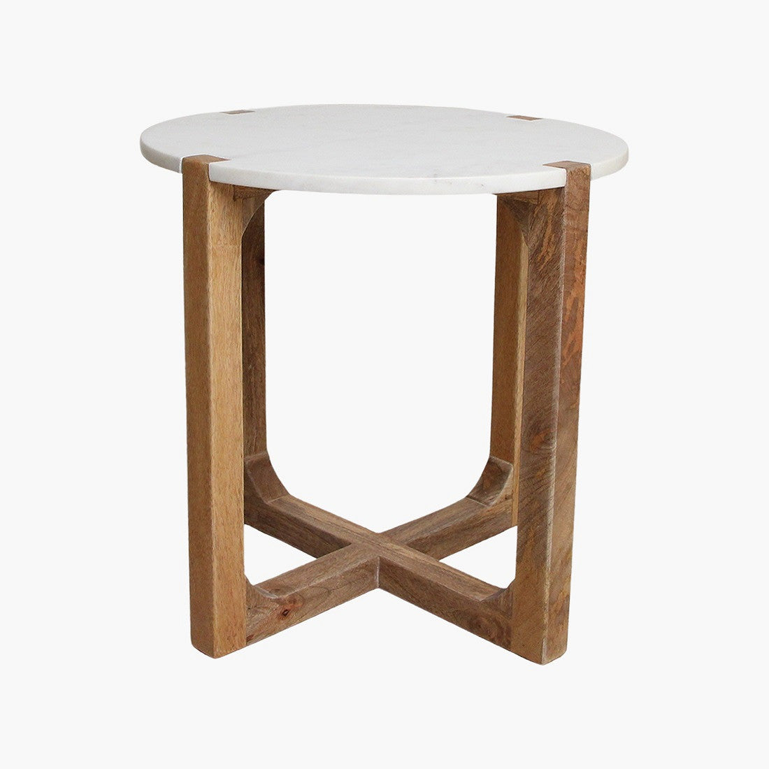 Runder Beistelltisch Heritage Marble aus weißem Marmor mit Holzgestell im Kreuzdesign – Designmöbel von STUFF Loft