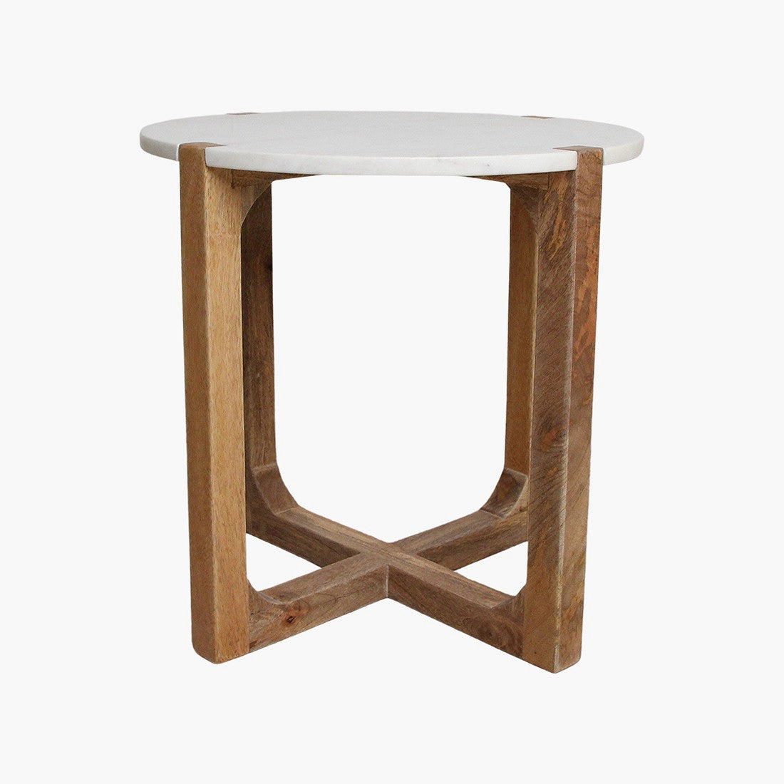 Runder Beistelltisch Heritage Marble aus weißem Marmor mit Holzgestell im Kreuzdesign – Designmöbel von STUFF Loft