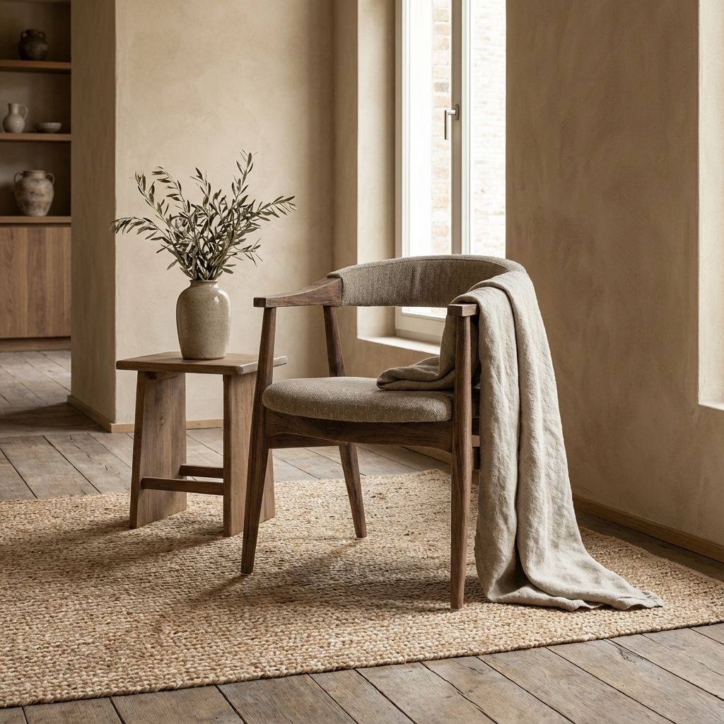 Armlehnenstuhl Faye aus Teakholz mit Polsterung in verschiedenen Stoffqualitäten bei STUFF Shop kaufen