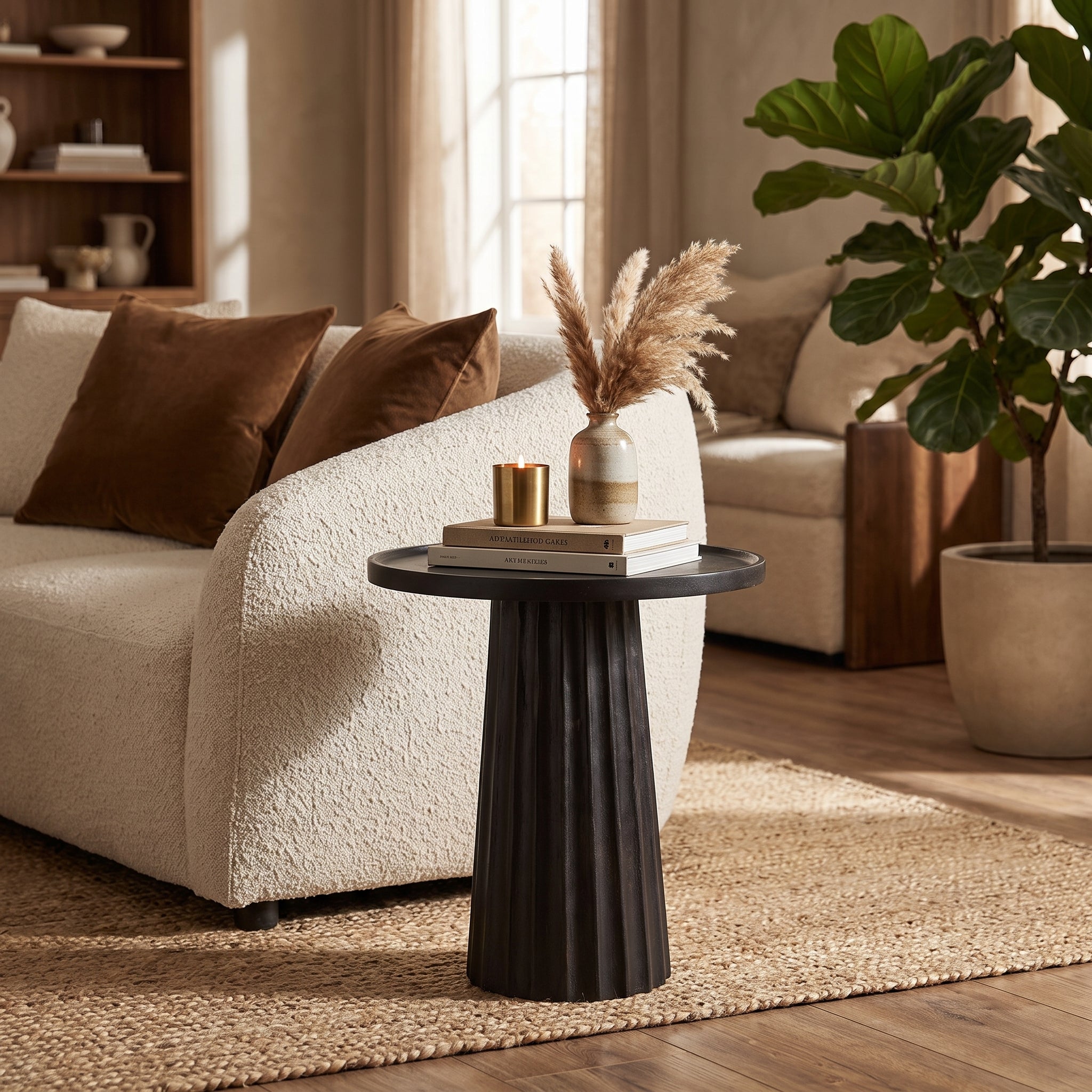 Beistelltisch Orissa Schwarz von Bizzotto – Mangoholz Ø 46 cm neben dem Sofa, STUFF Shop