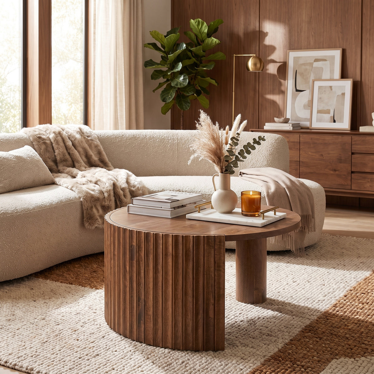Couchtisch Orissa Naturfarbe von Bizzotto – Mangoholz Ø 80 cm im stilvoll eingerichteten Wohnzimmer, STUFF Shop