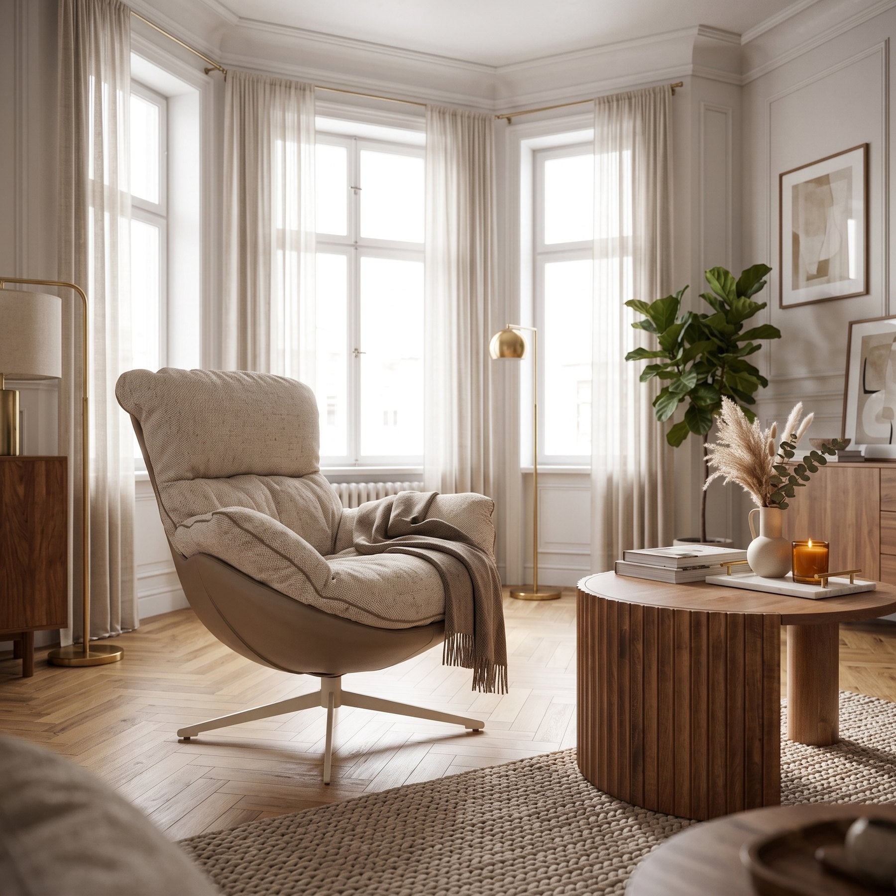 Drehsessel Armela in Beige mit dem Couchtisch Orissa Natur in einem hellen Erker