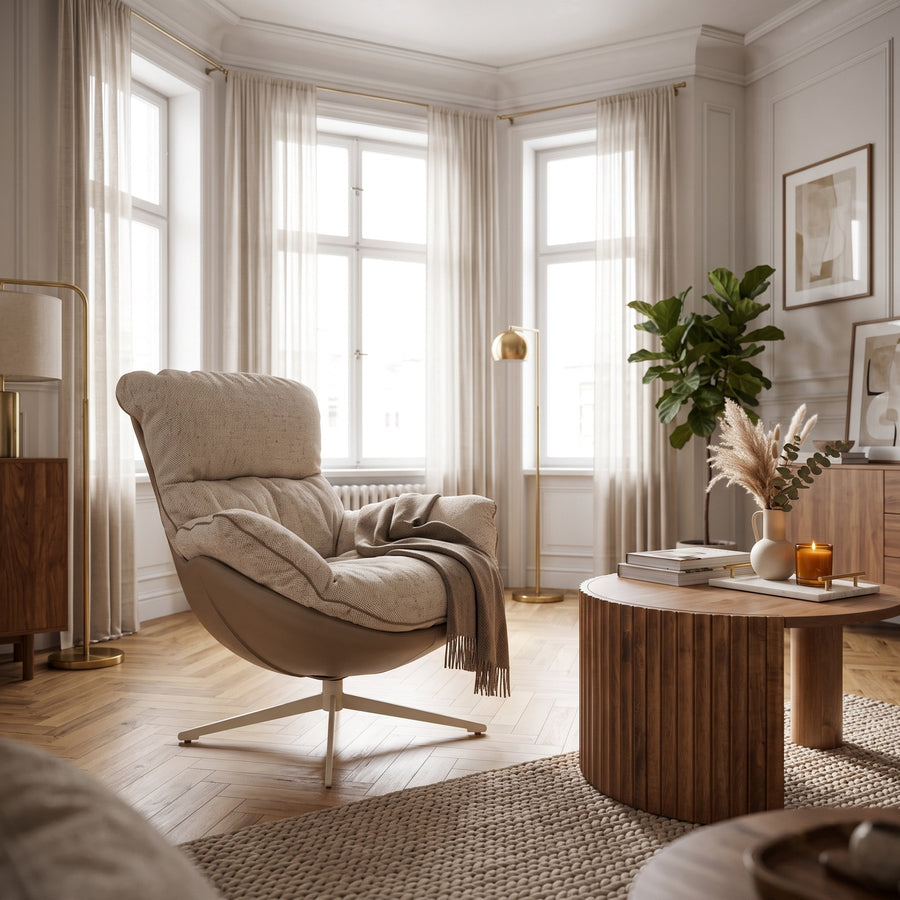 Drehsessel Armela in Beige mit dem Couchtisch Orissa Natur in einem hellen Erker