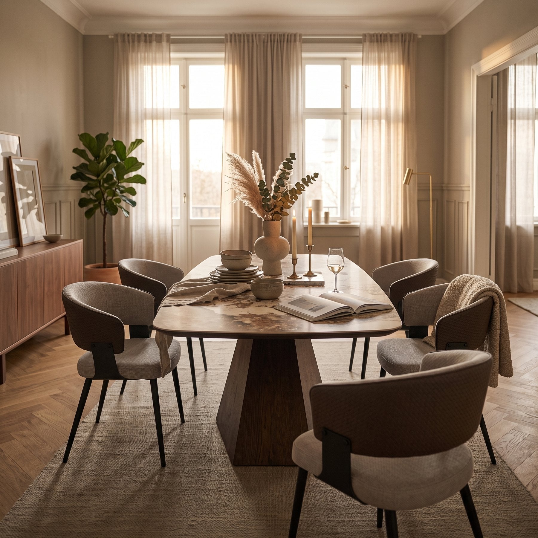 Esstisch Davida mit Keramikplatte und skulpturalem Nussbaumfuß im Altbau-Esszimmer, umgeben von Stühlen Romy Paloma