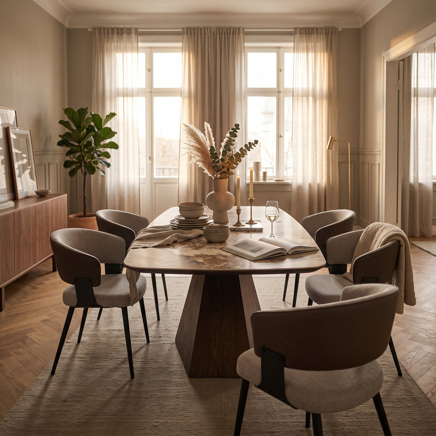 Esstisch Davida mit Keramikplatte und skulpturalem Nussbaumfuß im Altbau-Esszimmer, umgeben von Stühlen Romy Paloma