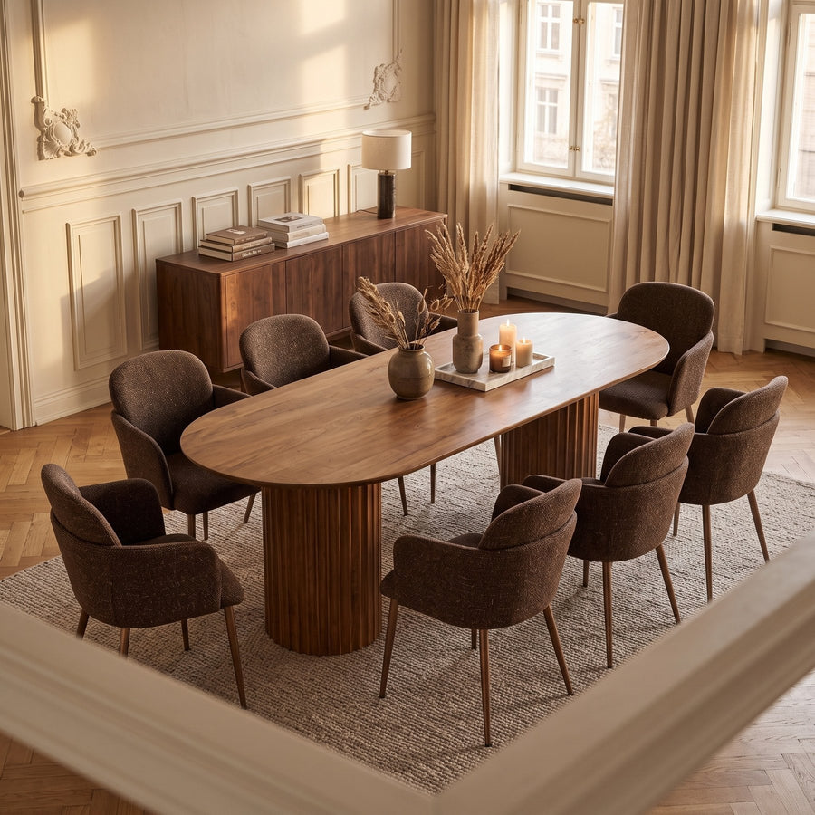 Esstisch Orissa Natur von Bizzotto, Mangoholz, 200 x 90 x 76 cm, im Esszimmer mit acht Armlehnstühlen