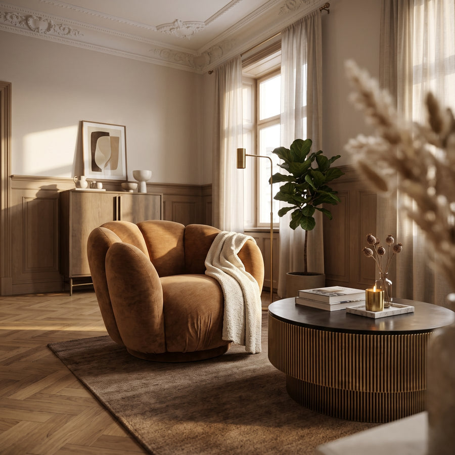 Loungesessel Tulip Cathay in Karamellbraun neben dem Couchtisch Virat in einem Altbauwohnzimmer