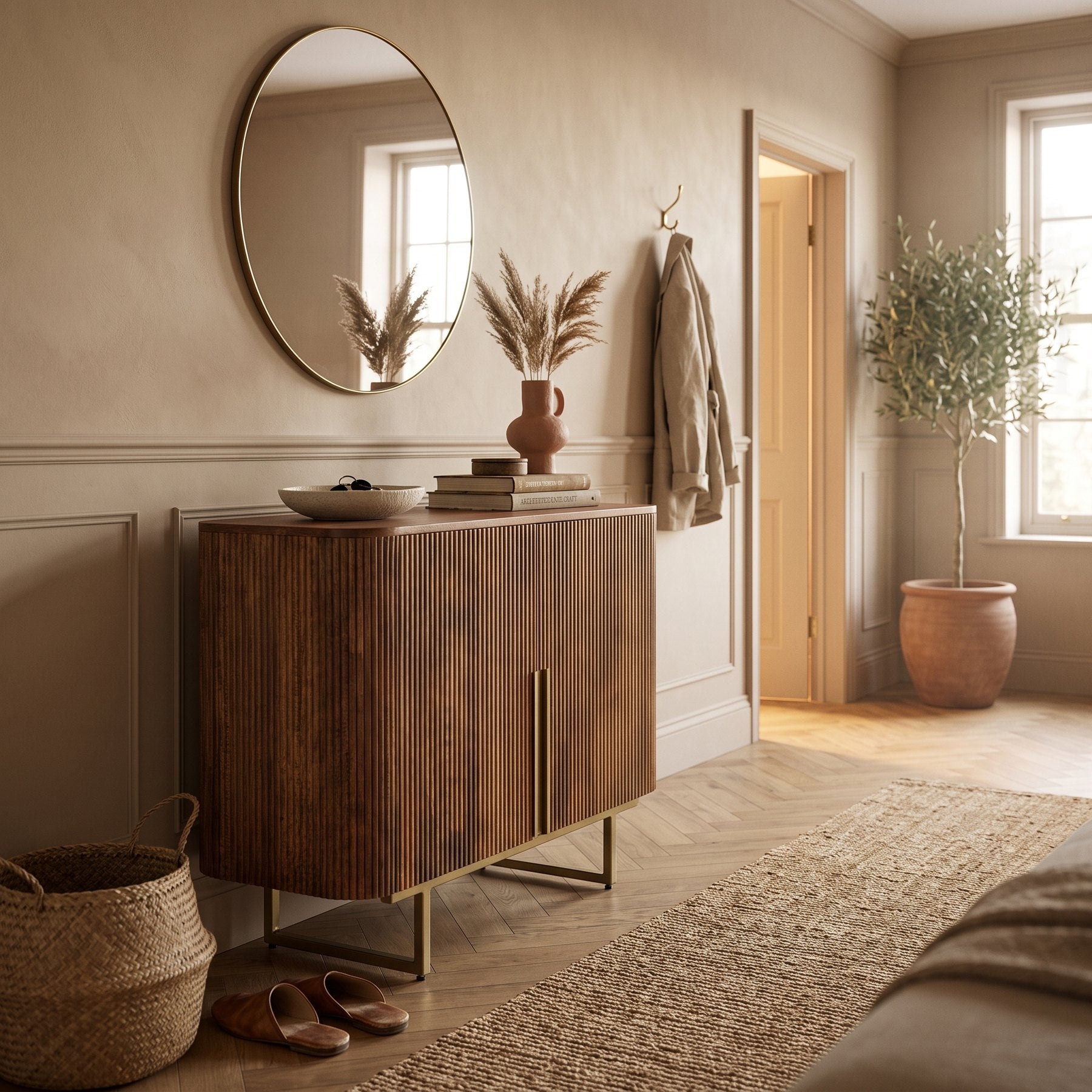 Sideboard Vilas aus Mangoholz mit zwei Türen und Messinggestell im Entree eines Altbaus, darüber ein runder Spiegel