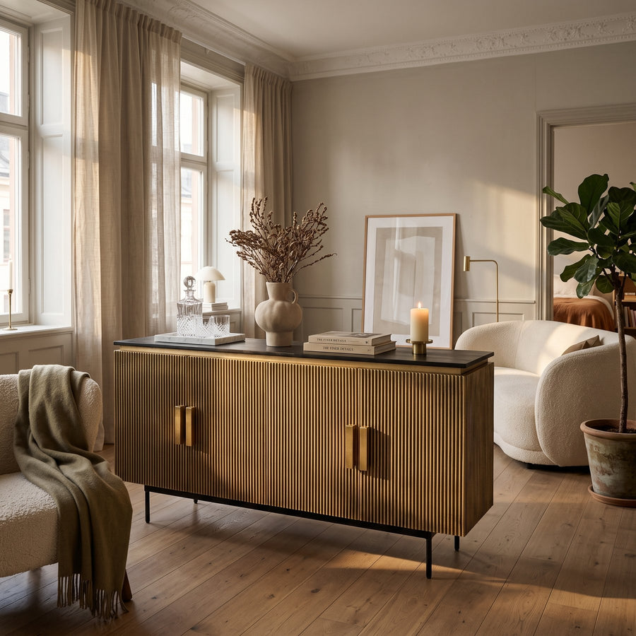 Sideboard Virat in antiker Messingoptik mit dunkler Mangoholz-Platte an der Wand eines hellen Altbau-Wohnzimmers, daneben ein Bouclé-Sofa und eine Feige