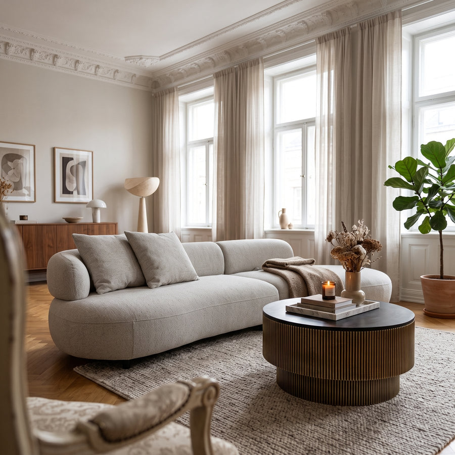 Sofa Afrodite mit 307 cm Breite und dem Couchtisch Virat vor einer Fensterfront