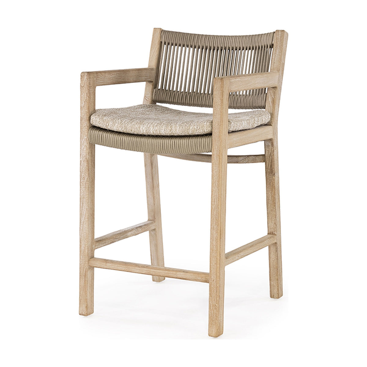 Barstuhl Mario mit Armlehnen Teak Natural Grey von Gommaire, mit Sitzkissen im Gommaire-Standardstoff