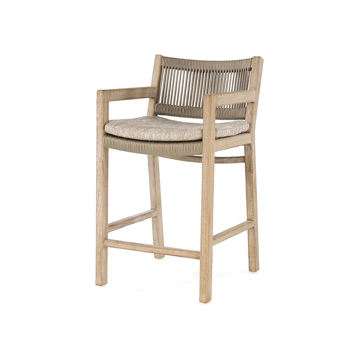 Barstuhl Mario mit Armlehnen Teak Natural Grey von Gommaire, mit optionalem Sitzkissen