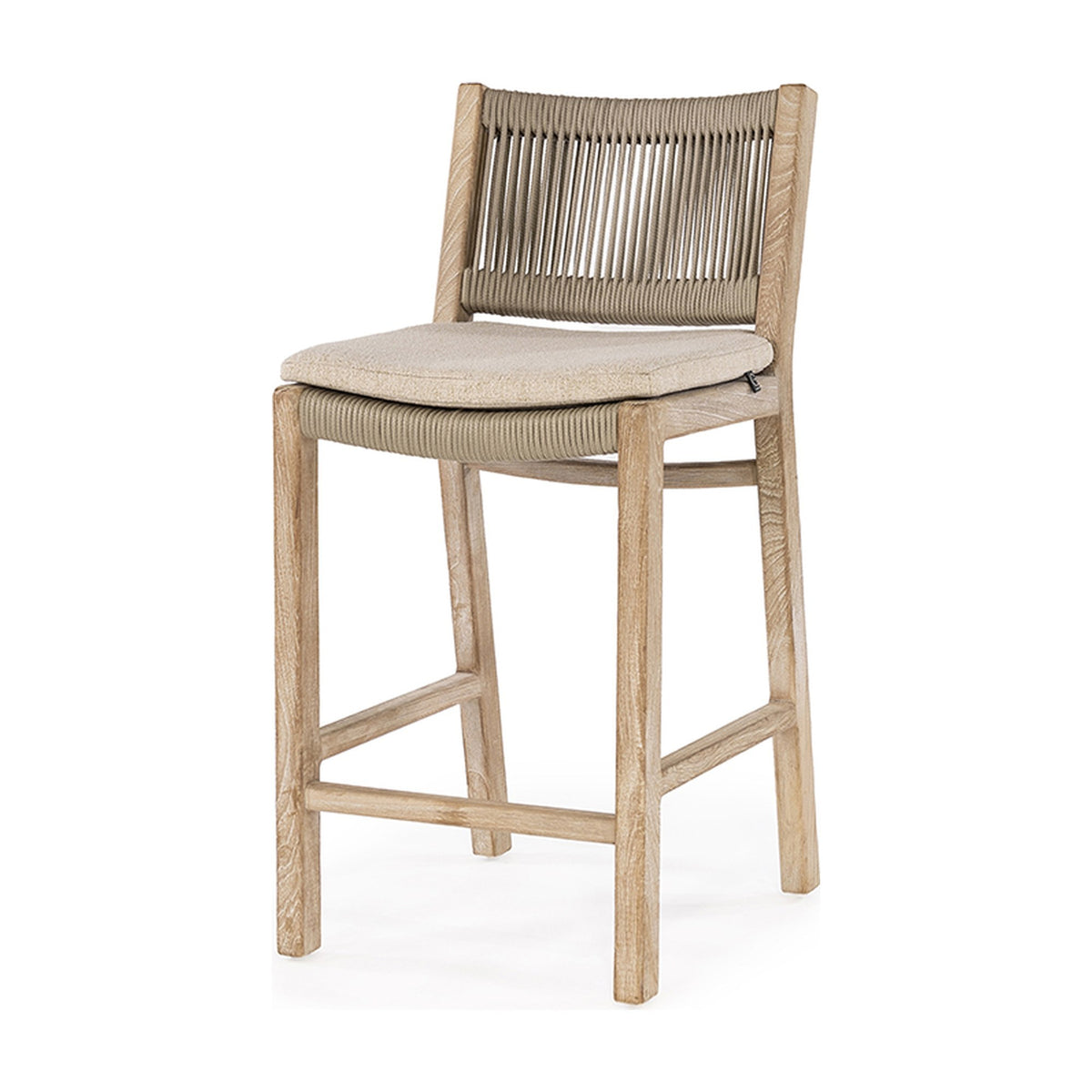 Barstuhl Mario Teak Natural Grey von Gommaire, mit Sitzkissen im Gommaire-Standardstoff