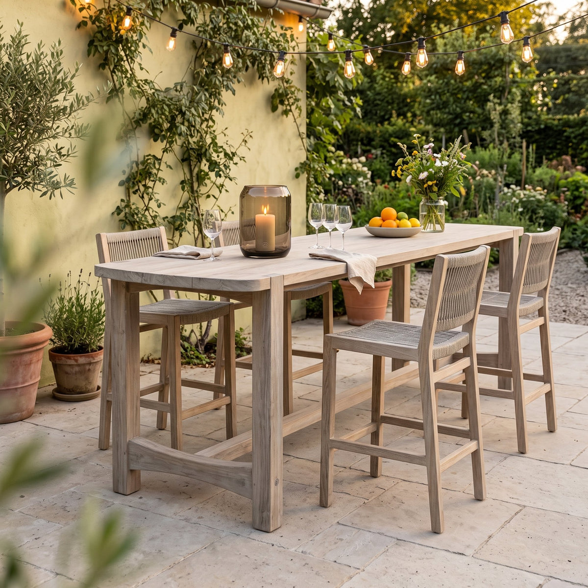 Barstuhl Mario Teak Natural Grey von Gommaire, Teak Natural Grey und Seilgeflecht, B 45 × T 56 × H 97 cm, am Bartisch Jacoba mit Windlicht Daniel auf der Barterrasse