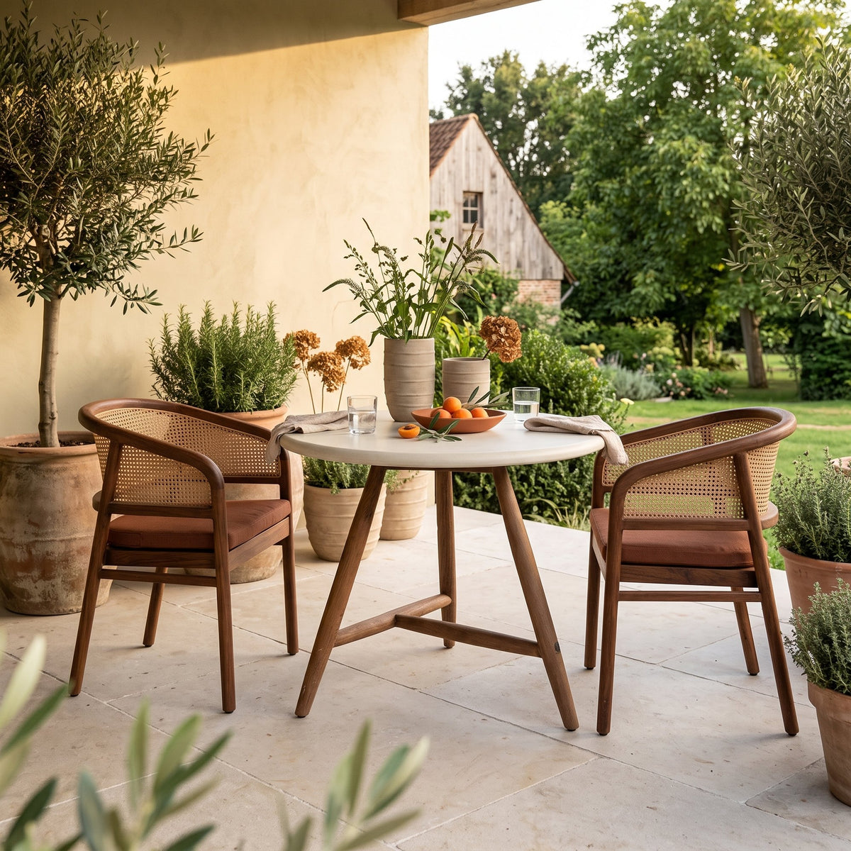 Bistrotisch Faye rund Beton Teak Emas Brown von Gommaire, Beton und Teak Emas Brown, Ø 75 × H 76 cm, Ambiente mit Armlehnenstühlen Imen und Vase Simon auf der Gartenterrasse