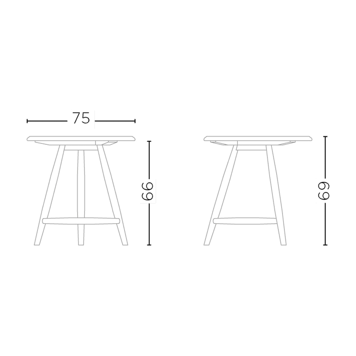Maßzeichnung Bistrotisch Faye rund Teak Natural Grey Low Ø 75 cm von Gommaire, Ø75 × H 69 cm