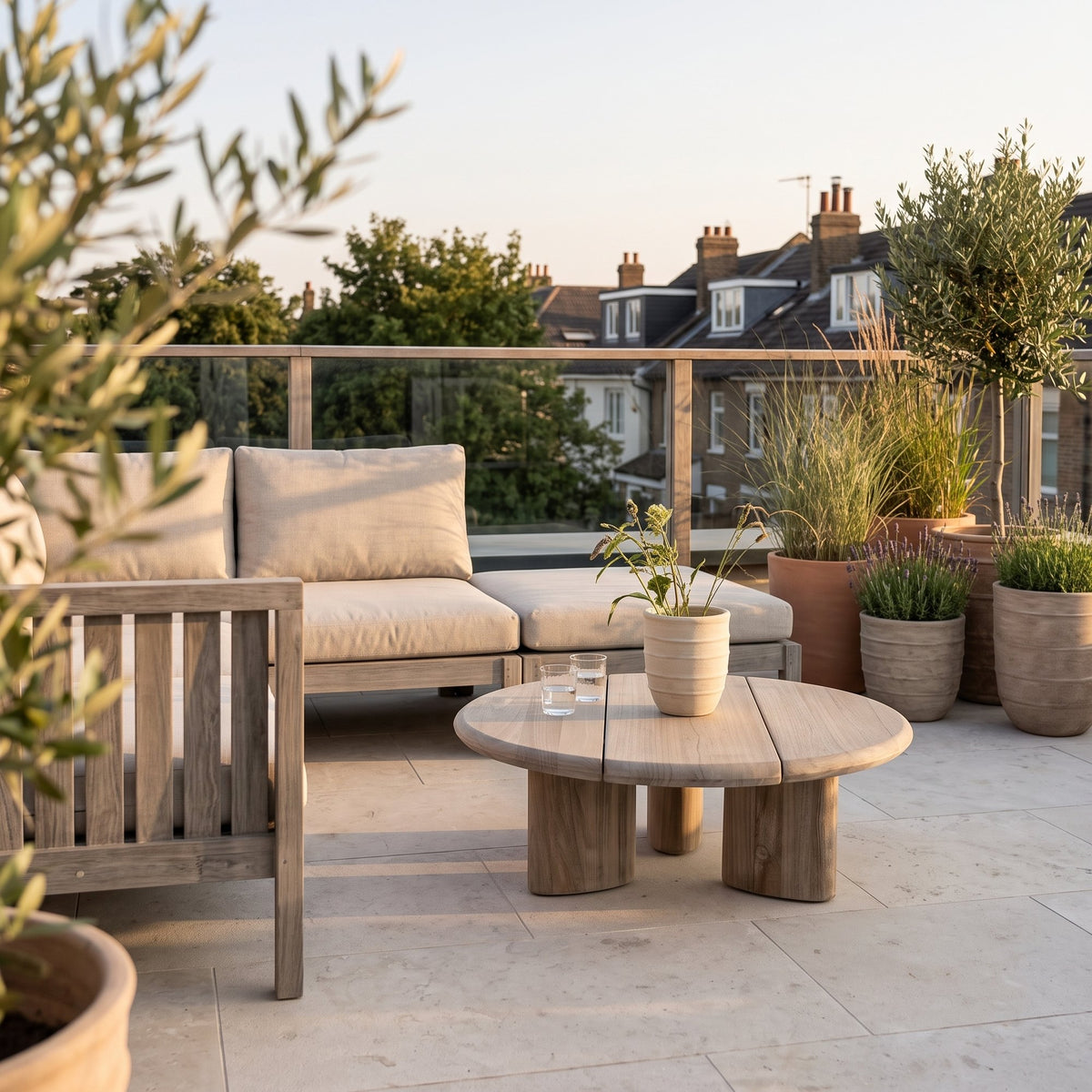 Couchtisch Imen rund Teak Natural Grey Large von Gommaire, Teak Natural Grey, Ø 80 × H 28 cm, vor der Loungegruppe Copenhague mit Vase Simon auf der Dachterrasse