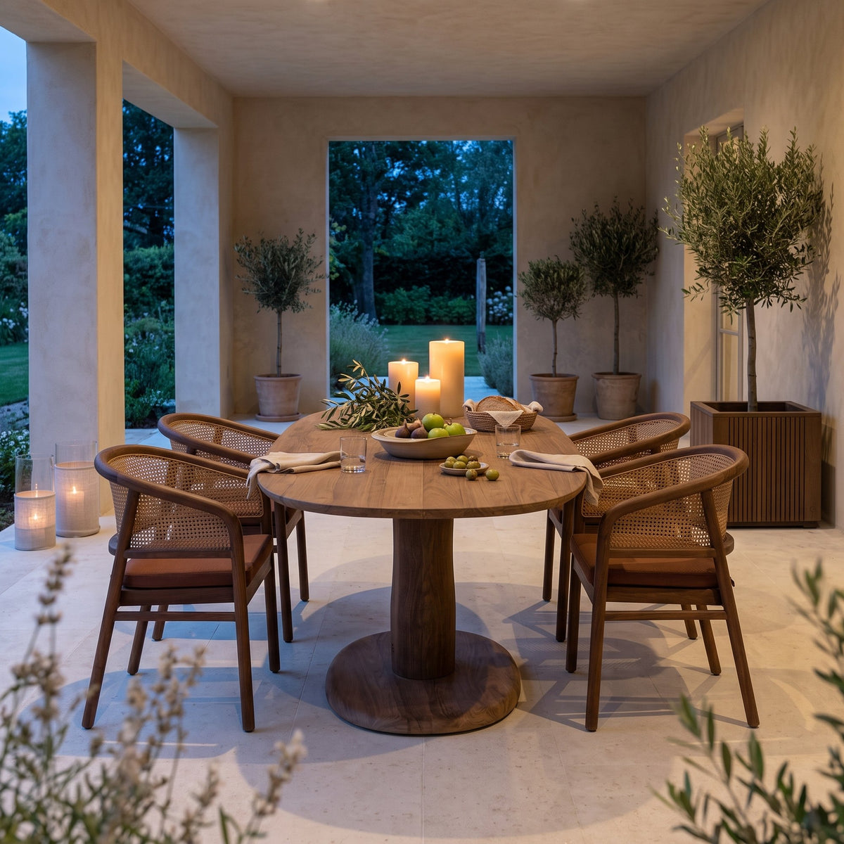 Esstisch Dita Rectoval Teak Emas Brown von Gommaire, Teak Emas Brown, 180 × 112,5 × H 76 cm, mit Armlehnenstühlen Imen, Schale Ali und Pflanzkübel Nora in der Loggia